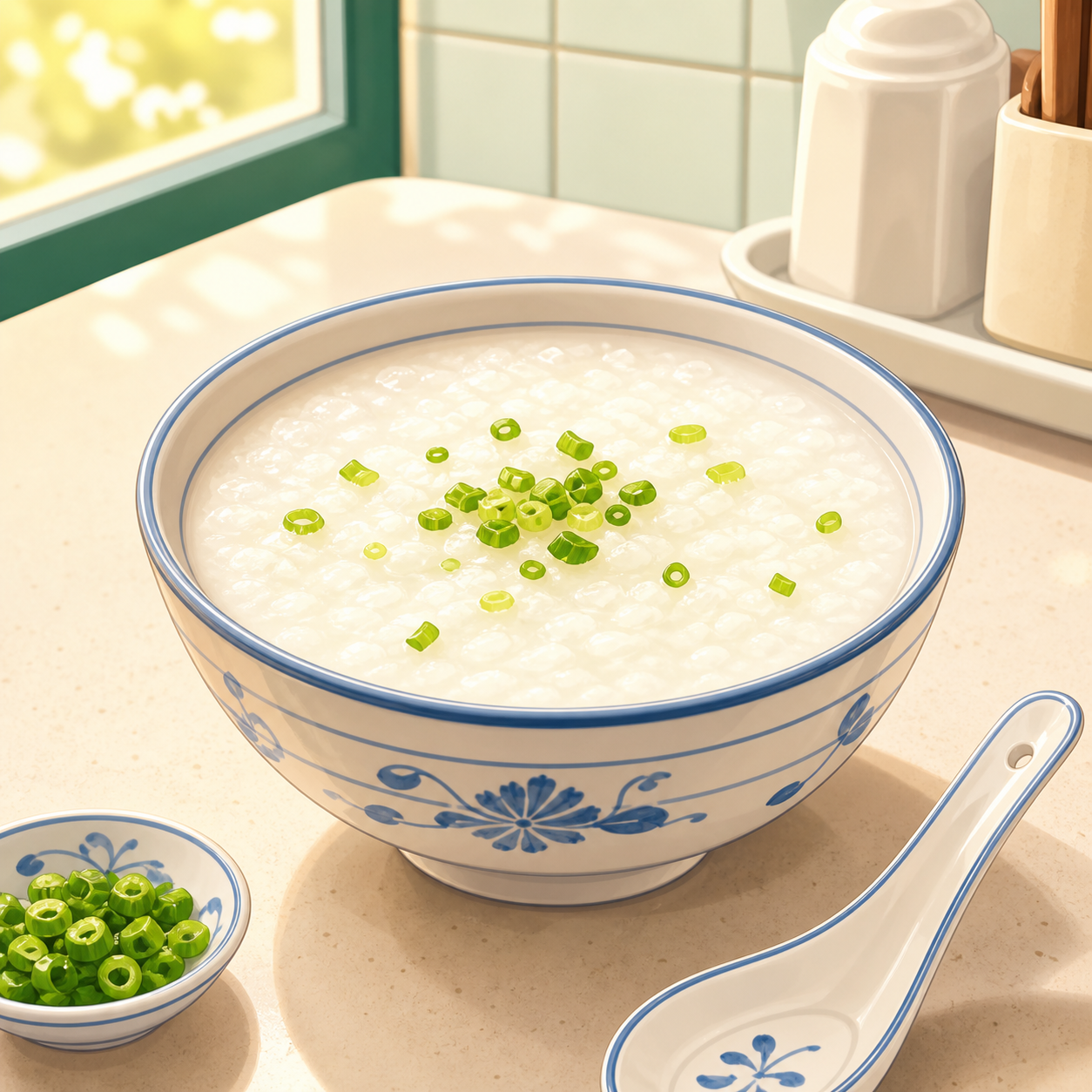 Plain congee with scallions in a ceramic bowl