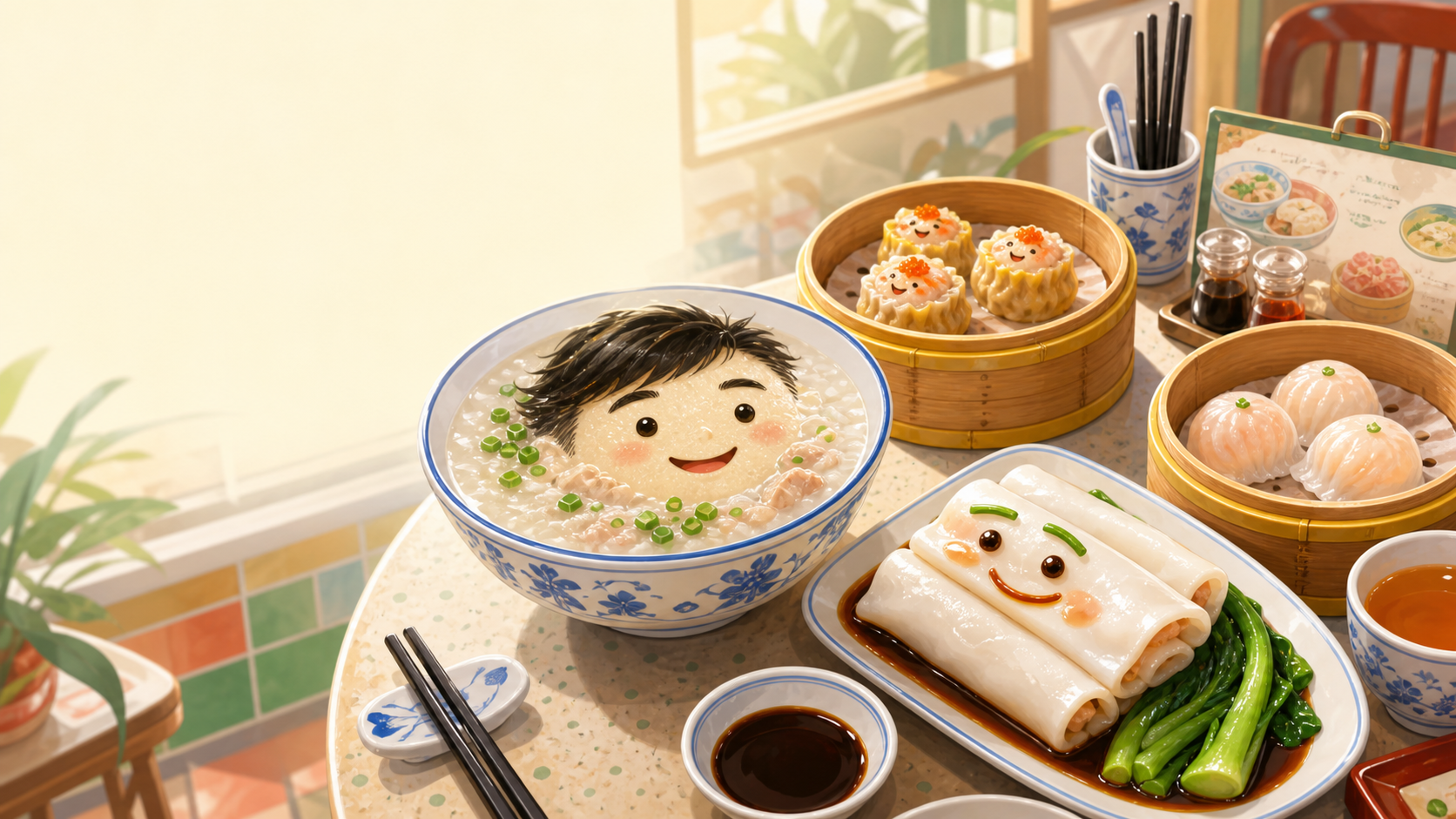 Playful Cantonese congee and dim sum illustration