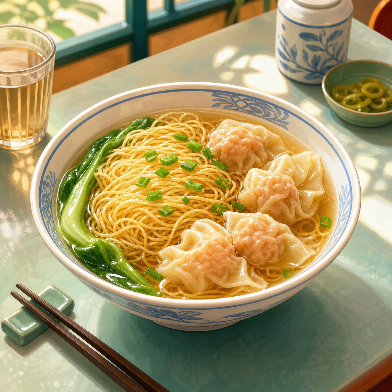 Hong Kong wonton noodles with broth and garnish
